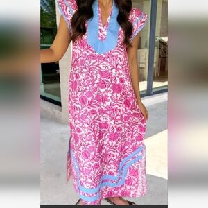 Pink Floral Maxi Dress with Blue Accents